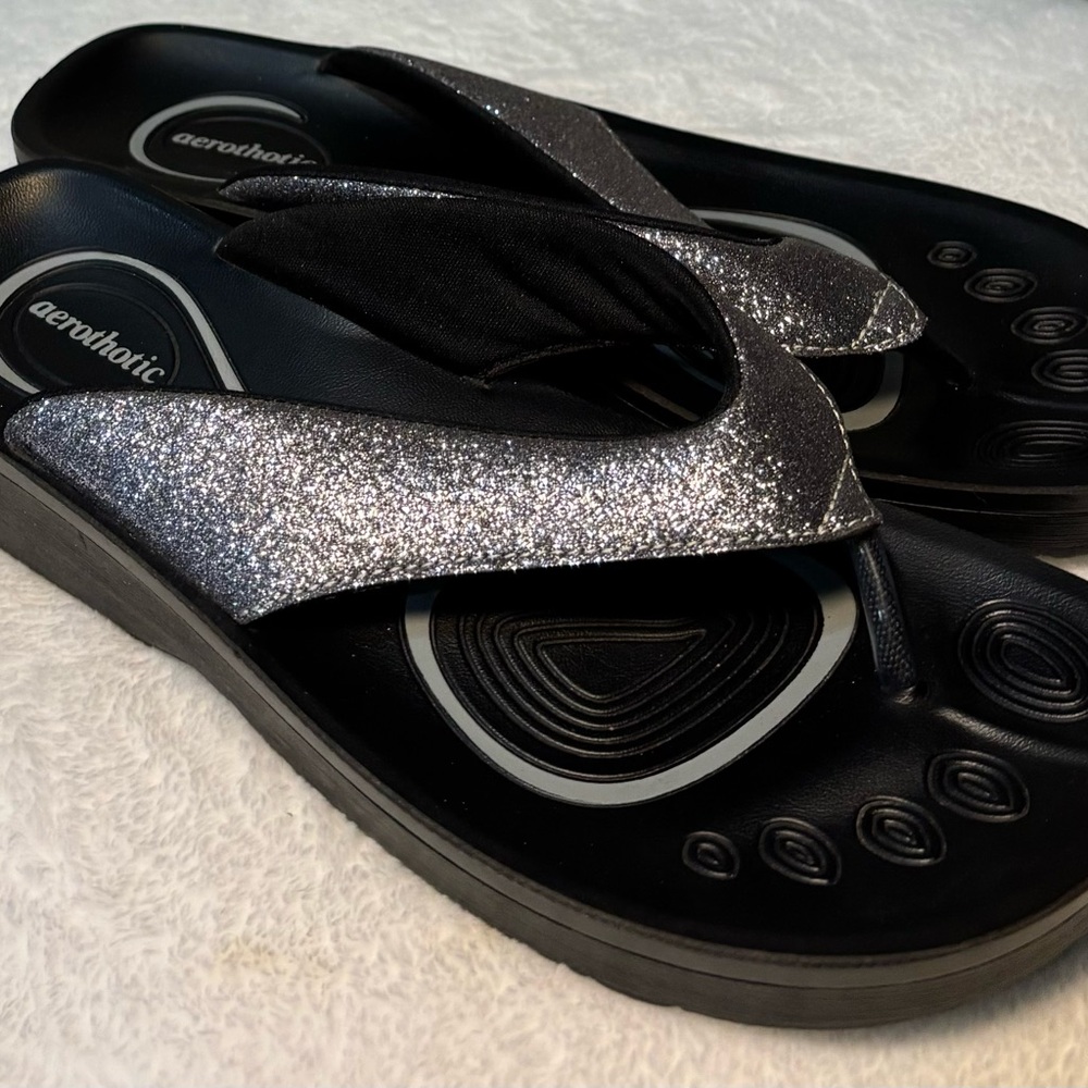 Aerothotic Glitter Thong Sandals Black Silver Synthetic W 8.5 EU 39 Women